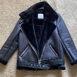 Zara Faux Leather Aviator Coat - Lambswool Lined
